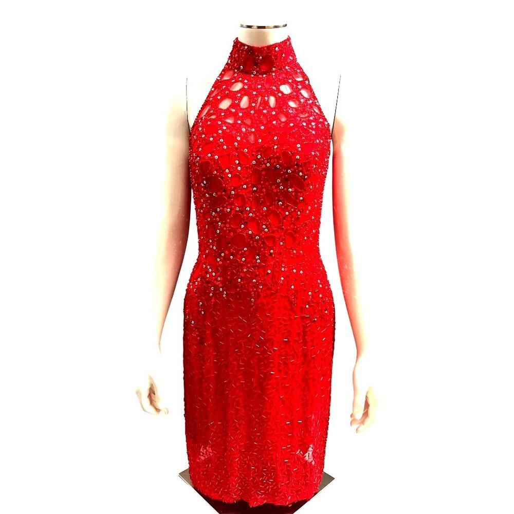Niteline Della Roufogali Size 4 Red Beaded Silk Halter Open Back Gown Glamour - Picture 2 of 10